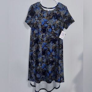 NWT- LulaRoe Amelia Navy Blue W Yellow Floral Pattern Short Sleeve Dress Size XS